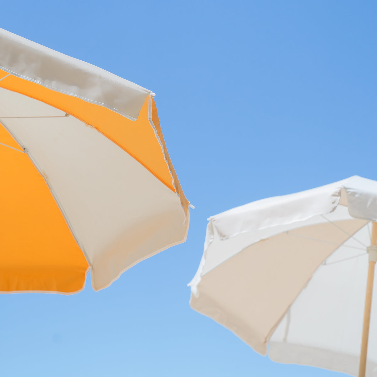 Golden and Dunes Splice Beach Umbrella canopies against a clear blue sky