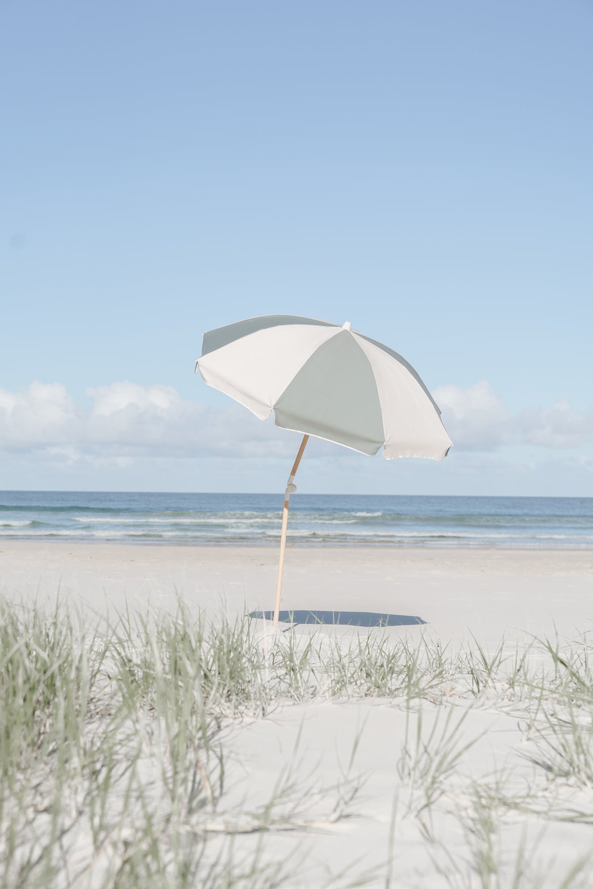 Tallow Splice Beach Umbrella with green and off-white panels beyond dune grass